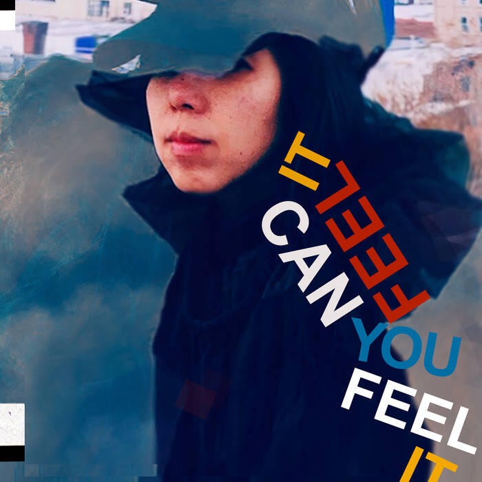 Alice Ava - Can You Feel It Cover art for Can You Feel It: a person in a dark ruffled coat in 3/4 profile looks off to the side against a hazy blue background, with the album title “Can You Feel It” cascading diagonally in bold white, yellow, red and blue letters