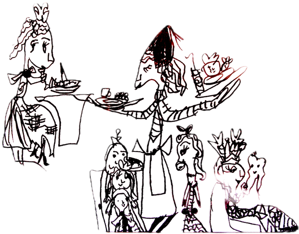 Black ink drawing of a dining scene. Characters gather around food, one balancing platters and another playing with a giant tooth.